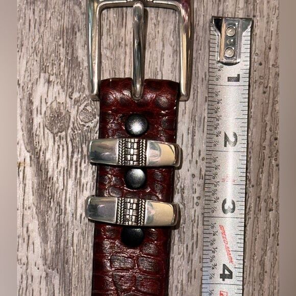 Genuine calfskin cognac leather belt with three-piece silver trim NWOT sz 32 - Picture 2 of 6